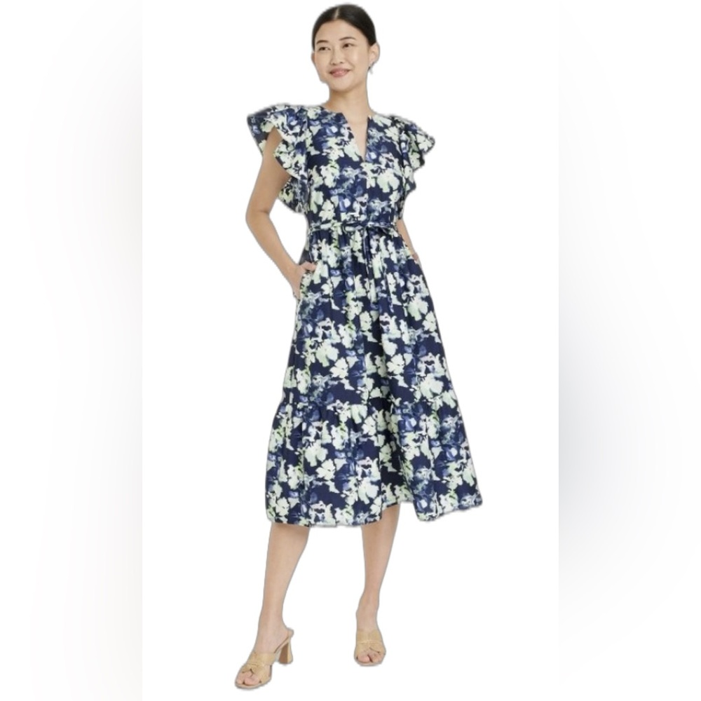 NWT A New Day 100% Cotton Flutter Sleeve Blue Green Midi Dress size small